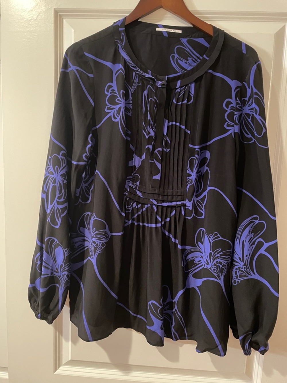 Black & Purple Floral Pleated Women's Blouse 100% Silk